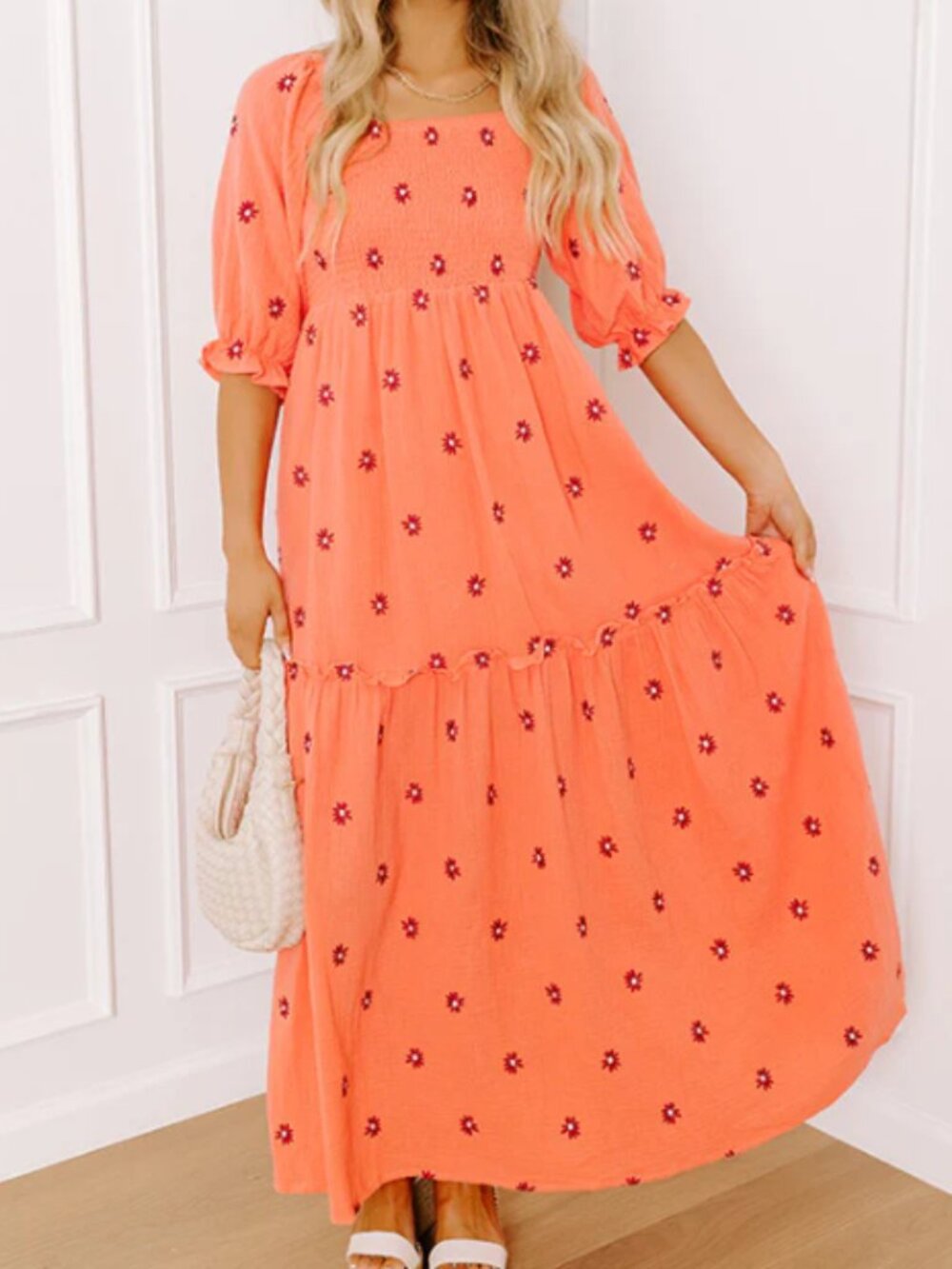 Coral Smocked Midi Dress Large